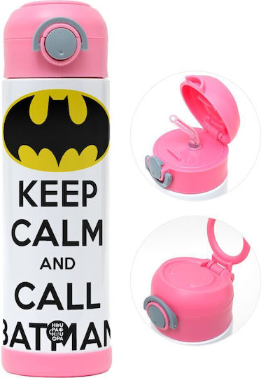 Koupakoupa Keep Calm & Call Batman Kids Water Bottle Batman Stainless Steel with Straw Pink 500ml