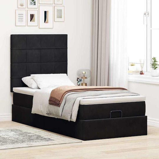 Pat King Size Tapitat cu Material Negru cu Plăci și Saltea 190x190cm