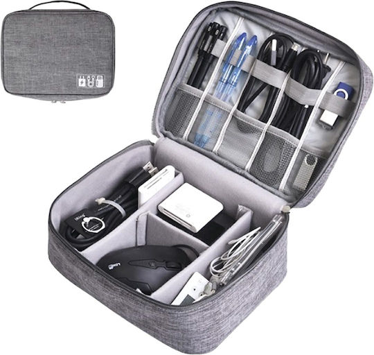 Geantă textilă pentru depozitarea cablurilor căști accesorii electronice Tecos închidere cu fermoar curele elastice pereți interiori velcro impermeabil 24.5x18x10cm gri gri
