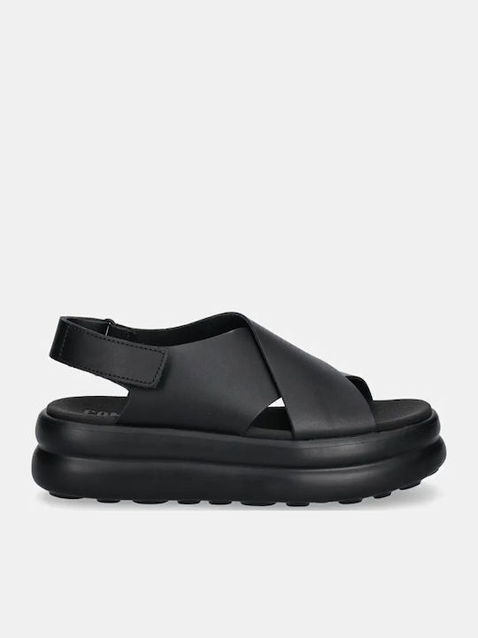 Δερμάτινα Γυναικεία Ανατομικά Σανδάλια Flatforms Μαύρα
