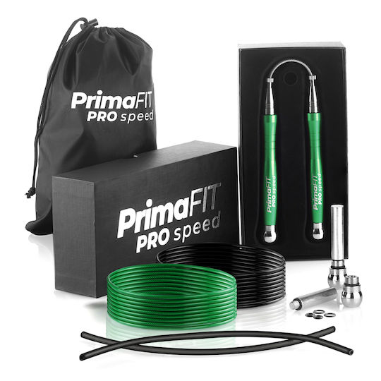 Primafit Speed Pro Въже за скачане Професионално 3м Регулируемо 2 Лагера Допълнителни Тежести за Въже 2 Протектора Алуминиеви Дръжки Чанта за Носене Кросфит Бокс ММА Зелено