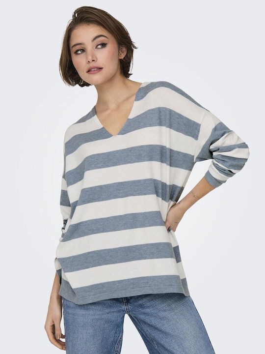 Only Women's Sweater with V Neckline Striped Ecru