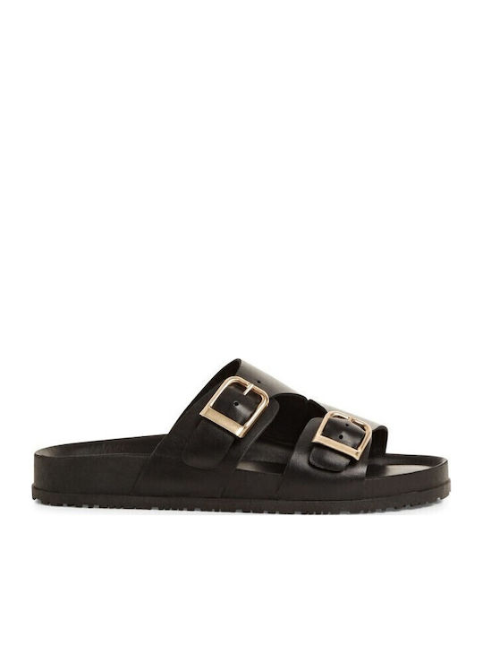 Leather Women's Flat Sandals in Black Color