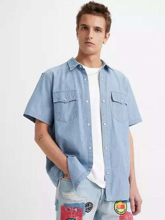 Western Short Sleeve Denim Shirt in Wide Line Blue