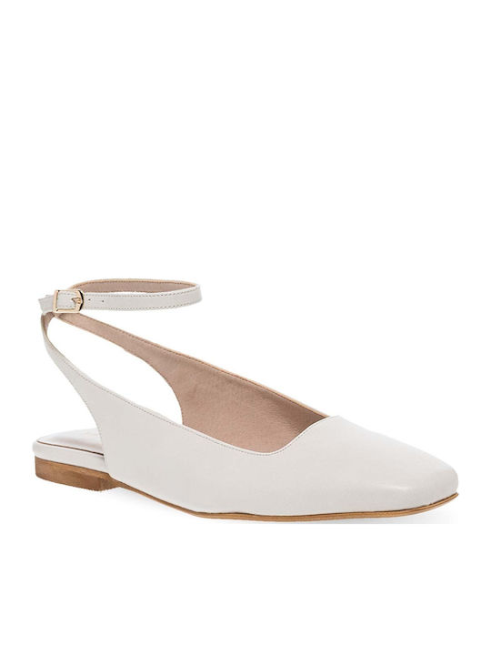 Δερμάτινες Γυναικείες Μπαλαρίνες Slingback με Λουράκι σε Μπεζ Χρώμα
