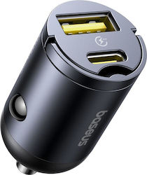 Baseus Φορτιστής Αυτοκινήτου με Θύρες 1xUSB-A 1xType-C και Καλώδιο Type-C