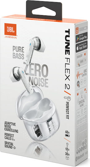 JBL Tune Flex 2 Earbud Bluetooth Handsfree Earphones with Sweat Resistance and Charging Case Ghost Edition White