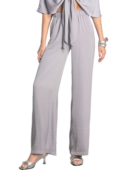 Moutaki Women's High Waist Fabric Palazzo Pants with Elastic Loose Fit Gray