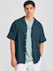 Short-sleeved Linen Shirt in Wide Line Dk Teal