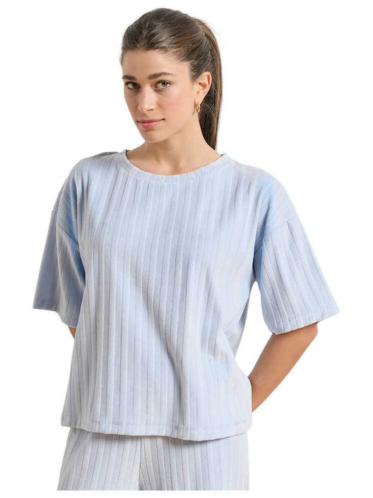 Women's Cotton Short Sleeve Striped Light Blue Blouse