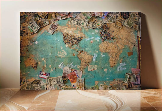 World Map Global Currencies Painting 65x40