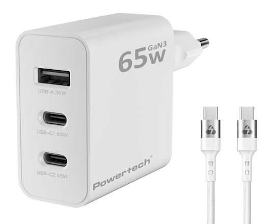 Powertech Φορτιστής GaN με Θύρα USB-A και 2 Θύρες USB-C και Καλώδιο USB-C - USB-C 65W Λευκός (PT-1378)