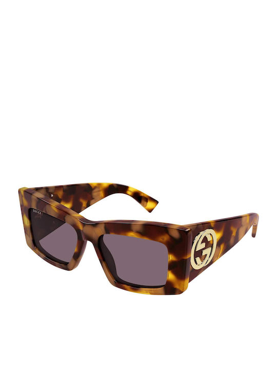 Gucci Women's Sunglasses with Brown Tartaruga Plastic Frame and Purple Lens