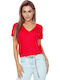 Damen Bluse Kurzärmelig mit V-Ausschnitt Red