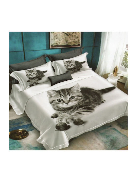 Pucioasa Set Husă de Pilotă Flanel Dublă cu 2 Fețe de Pernă & 1 Cearsaf 200x220 Gray Bengal Cat
