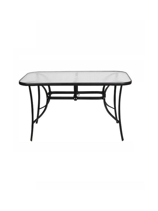 Outdoor Dinner Free Standing Table with Glass Surface and Metal Frame Black 150x90x72cm