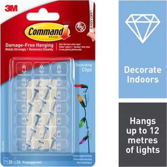 3m 7100108967 Indoor Universal Hooks Transparent Adhesive Strip Painted Wall Tiles and Metal Wood 20 Pieces