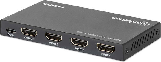 Manhattan 4k60hz 3-Port HDMI Switch Switching Between Three HDMI Inputs to One HDMI Output 3x1 18g IR Remote Control