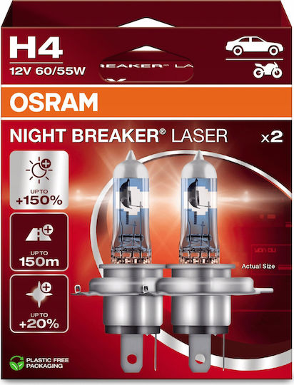 Osram Car Lamps Night Breaker Laser +150% H4 / P43T Halogen 12V 55W 2pcs