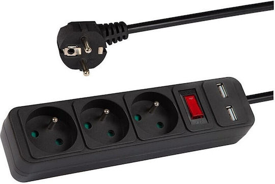 98-774# Προέκταση Δικτύου Pr-370wsp/usb 3-υποδοχές+usb Γείωση+διακόπτης 1,5μ Μαύρο 3x1,5mm
