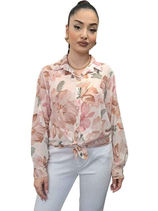Langärmelig Damen Hemd Pink Blumen