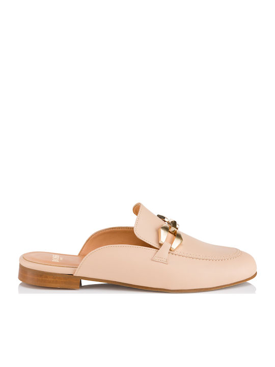 Leather Mules with Low Heel in Beige Color