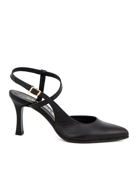 Leather Pointed Toe Black Heels with Strap