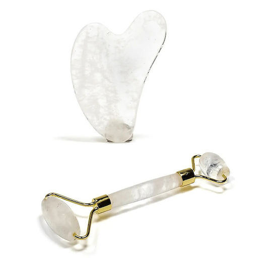 Set Μασάζ Προσώπου Gua Sha Πέτρα Λευκού Χαλαζία + Ρολό Anti-aging Roller Rock Crystal