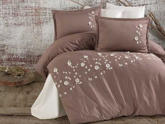 Clasy Home Set Huse Pentru Pilote Fiore 200x220cm Dublă Cu 2 Fețe De Pernă & 1 Cearșaf Maro