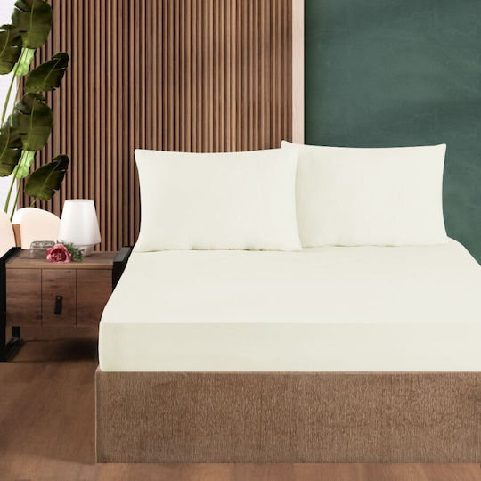 First Choice Set Cearșaf cu 2 Fețe de pernă Dublu cu Elastic 140x200cm. Cremă 3buc