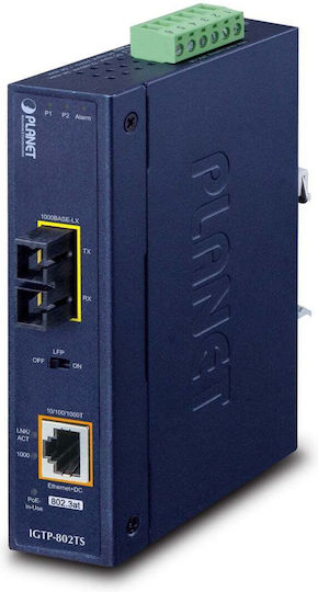 Convertor Planet IP30 Industrial 10/100/1000Base la 100/1000Base-LX 802.3at PoE+ Monomod 10km 40 la 75°C 12V~48V DC Power Boost