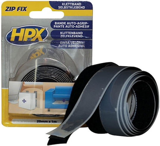 HPX Zip Fix Adhesive Hook & Loop Tape Black 1m x 200mm 2 Pieces