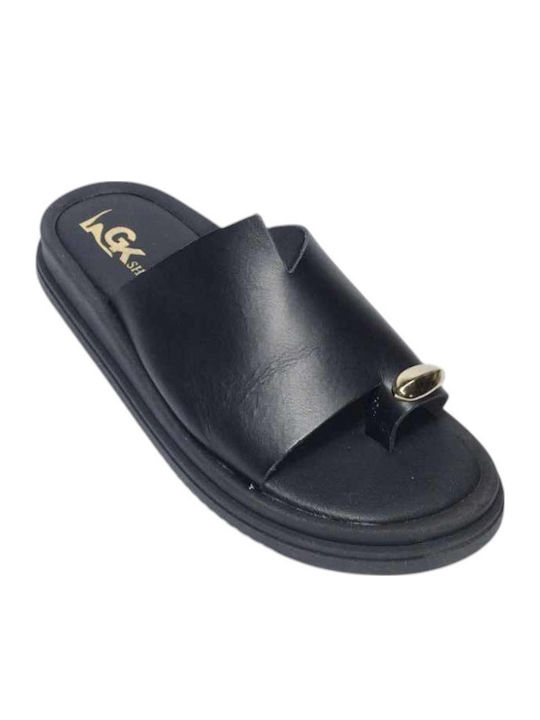 Leather Women's Flat Sandals in Black Color