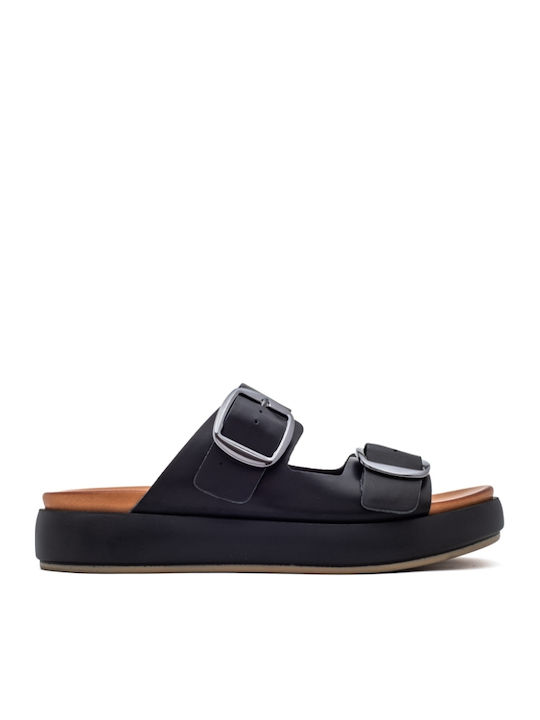 Leather Women's Flat Sandals Flatforms in Black Color