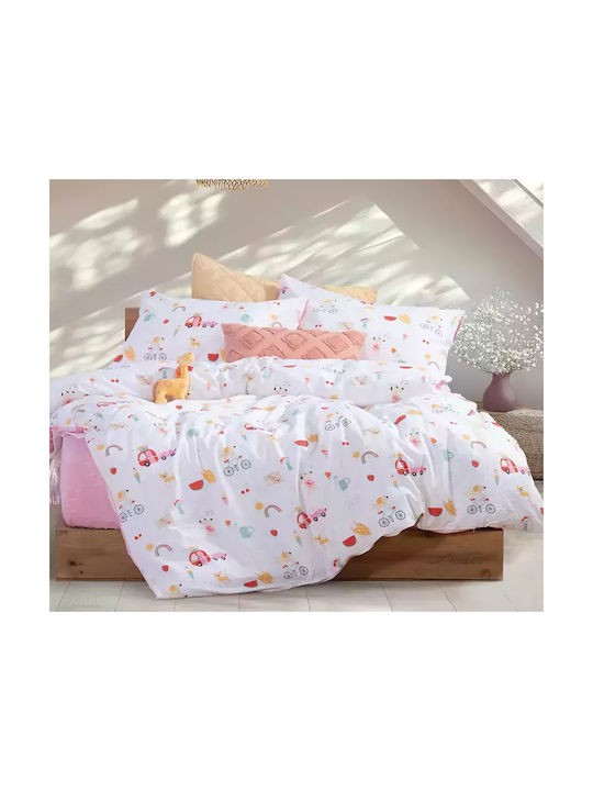 Nef-Nef Homeware Σετ Σεντόνια Μονά Βαμβακερά Happy Today Ροζ 170x260cm 3τμχ