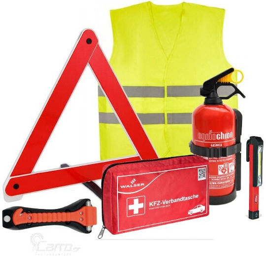 Car 252297 Car Safety Kit 6-Piece Set with Zipper Case Triangle First Aid Kit Fire Extinguisher 1kg Safety Hammer Flashlight Vest