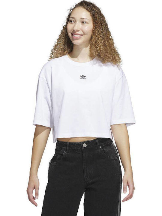ss_wt品 adidas Essentials Tricou Oversized Crop Sportiv Damă Alb JJ3385