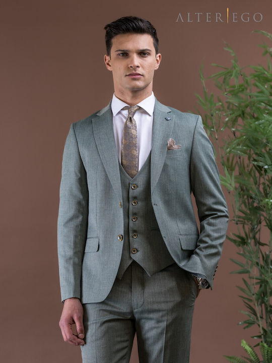 Men's Suit with Vest Slim Fit Green