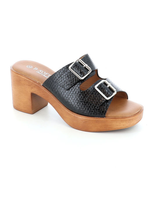 Women's Mules with Chunky High Heel in Black Color 3/2367-81_MAΥΡΟ