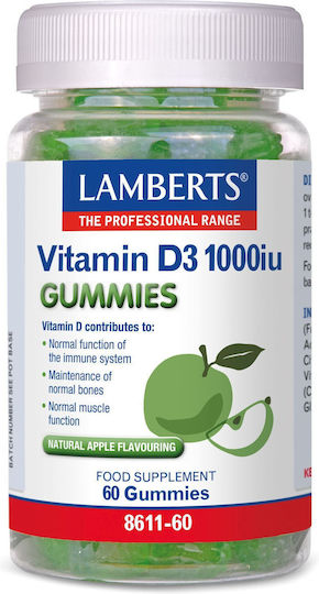 Lamberts Vitamin D3 Βιταμίνη για Ενίσχυση του Ανοσοποιητικού & την Υγεία των Οστών 1000iu Μήλο 60 ζελεδάκια
