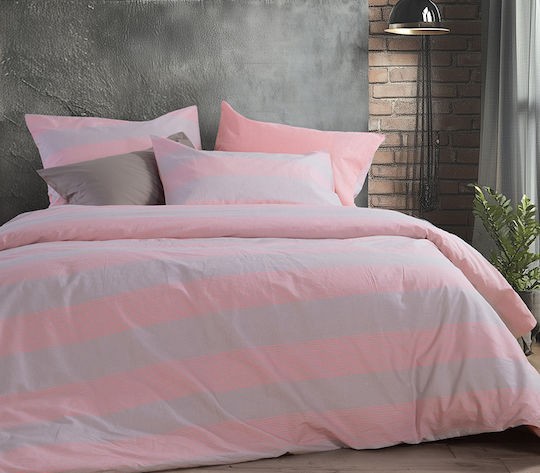 Nef-Nef Homeware Casual Stripe Σετ Σεντόνια Υπέρδιπλα με Λάστιχο 160x200+35εκ. Ροδακινί (4τμχ)