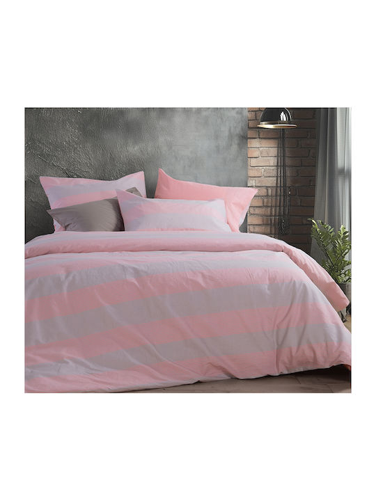 Nef-Nef Homeware Sheet Sets King Size with Elastic 180x200+35cm. Casual Stripe Peaches 4pcs