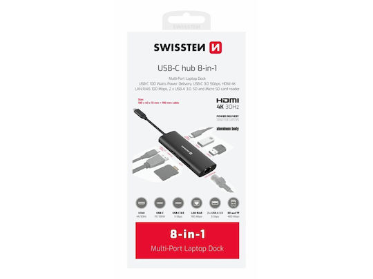Swissten USB-C Docking Station με HDMI 4K PD Ethernet Μαύρο (44040203)