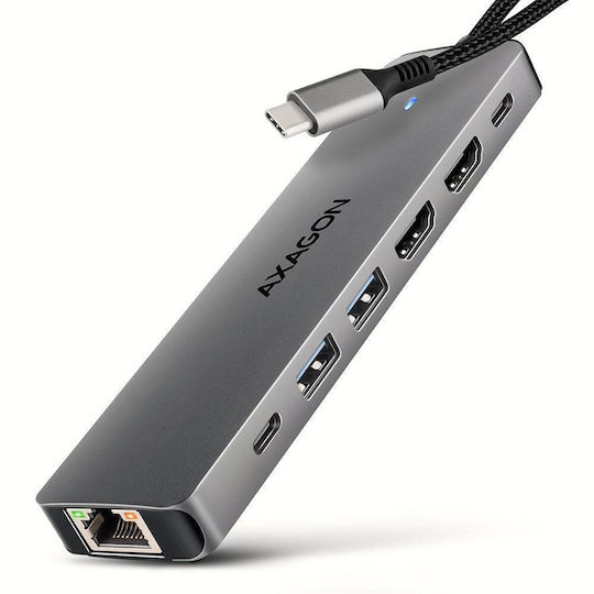 Axagon USB-C Dockingstation mit HDMI 4K PowerDelivery Ethernet und Bildschirmverbindungen 2 Monitore Grau