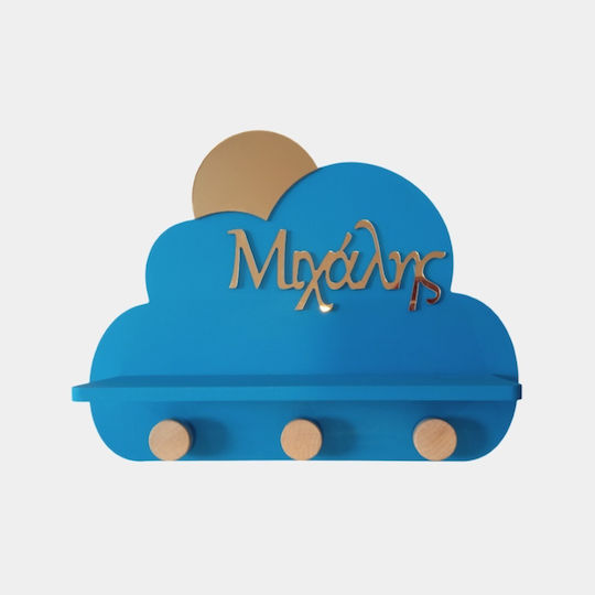 WoodStudio Cloud Kids Wall Hanger Multi Hook Wooden Blue with Shelf 28.2x37x10cm