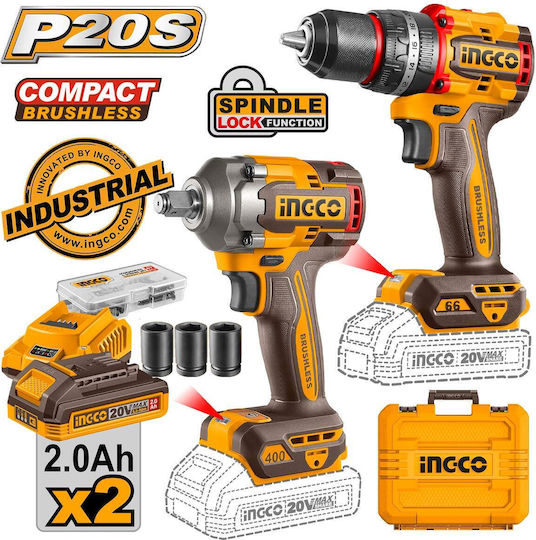 Ingco Set Impact Drill Driver & Impact Driver Brushless 20V with 2 Batteries 2Ah and Case
