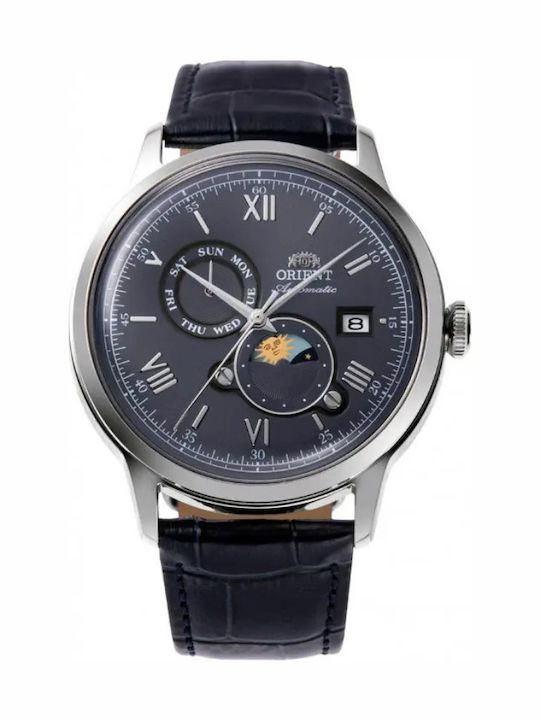 Orient Classic Sun Moon Ανδρικό Ρολόι Αυτόματο με Μπλε Δερμάτινο Λουράκι