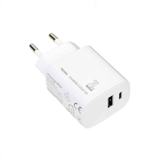 Troika Charger GaN with USB-A Port and USB-C Port and Cable USB-C 20W Power Delivery Whites (Charge-X Duo 20)
