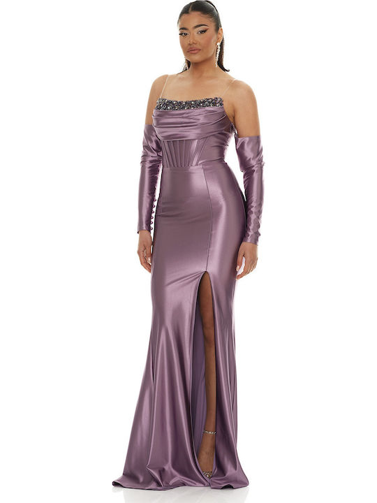 Maxi Evening Satin Dress with Tearing Purple