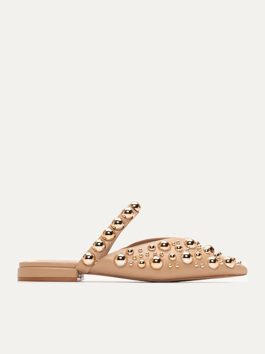 Flat Δερμάτινα Mules σε Μπεζ Χρώμα